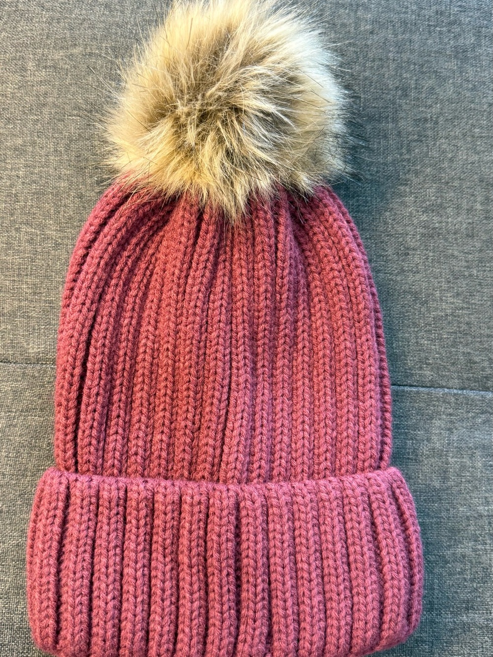Port Authority Faux Fur Pom Beanie Burgundy One Size Knit Hat NWT